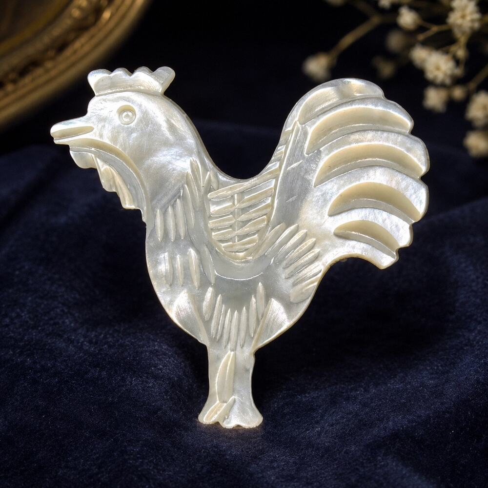 Vintage 1970s Hand Carved Mother of Pearl Rooster Brooch Pin